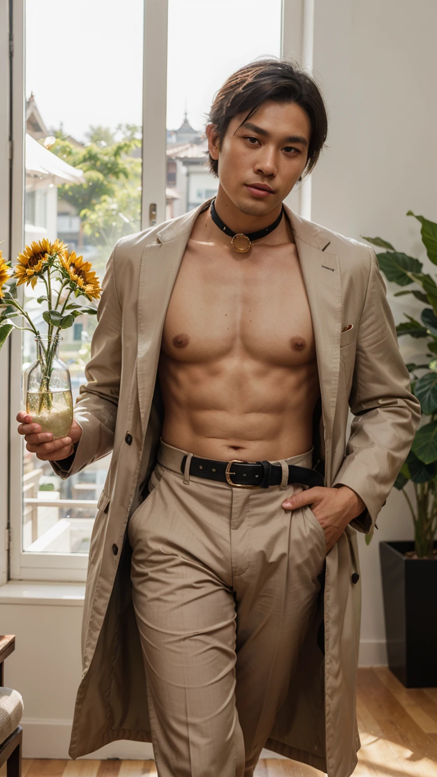 Indochine asian man wearing magenta tuxedo style vintage fashion evening long tail and oval shape tail coat suit, wearing cummerbund belt accessorie for suit, light skin, chubby anatomy body muscular, golden hour light, stand next to sunflowers vase made by glass, minimalist, minimalism, surrealism, rim light, light flare around body, style from Levi's brand style shoulder fashion, minimal, shaped oval tails, chubby body, cummerbund belt, chubby anatomy, shrimp tails coat, collar lapel black, long tail coat, shrimp tail coat