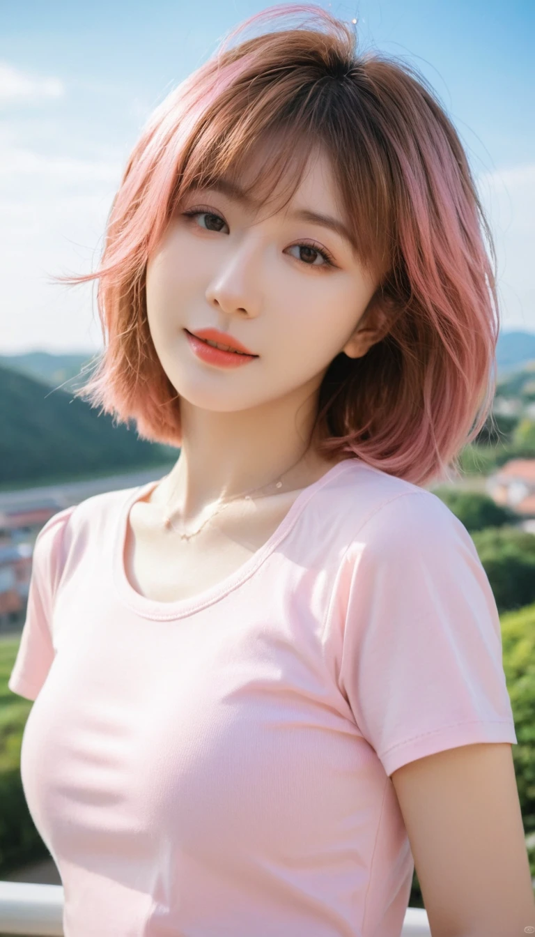 (1 girl),(Best Picture Quality, 8K, Masterpiece:1.3), (high school student:1.5), ((pink lob hair:1.1)), (bob cut),(swept bangs), (cute eyes, pupil black, iris skyblue, youthful face), (mole under right eye), (standard weight), (small breasts), (glistening skin:1.1),(pale skin:1.2),(t-shirt),((Gyaru fashion:1.3)),(wet:1.1),((summer scene:1.2)),(magnificent view),(overlooking),(Smile).