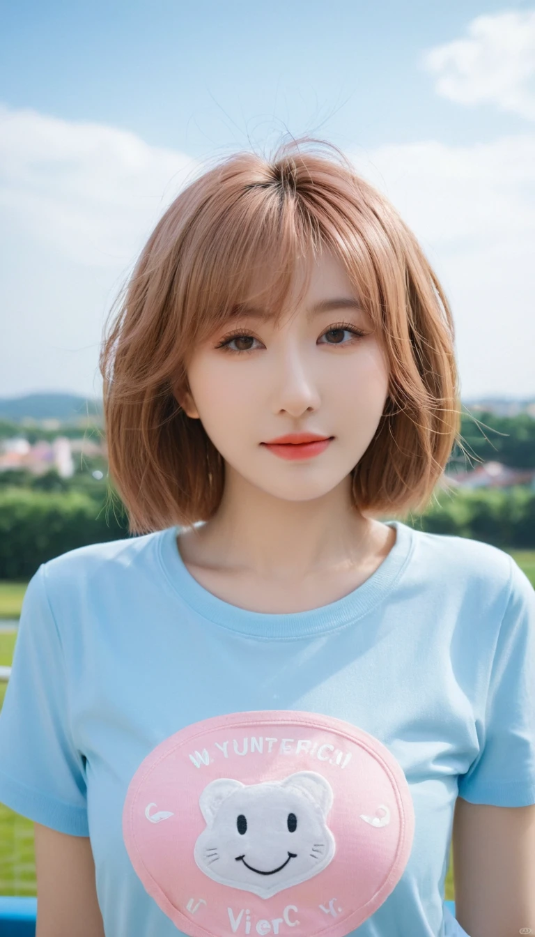 (1 girl),(Best Picture Quality, 8K, Masterpiece:1.3), (high school student:1.5), ((pink lob hair:1.1)), (bob cut),(swept bangs), (cute eyes, pupil black, iris skyblue, youthful face), (mole under right eye), (standard weight), (small breasts), (glistening skin:1.1),(pale skin:1.2),(t-shirt),((Gyaru fashion:1.3)),(wet:1.1),((summer scene:1.2)),(magnificent view),(overlooking),(Smile).