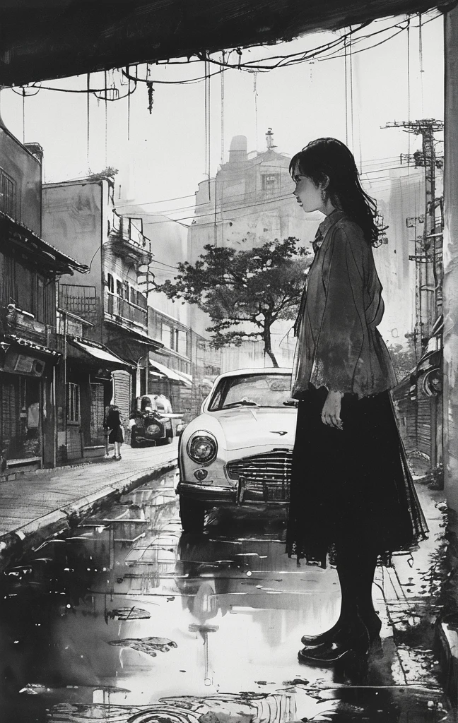 「I bow my head as if I were in despair.、Woman walking in a dark city。The desperate woman suddenly、Illuminated by the intense brightness of car headlights、The world is instantly illuminated in pure white light......。 」