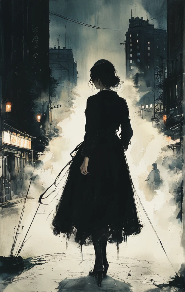 「I bow my head as if I were in despair.、Woman walking in a dark city。The desperate woman suddenly、Illuminated by the intense brightness of car headlights、The world is instantly illuminated in pure white light......。 」