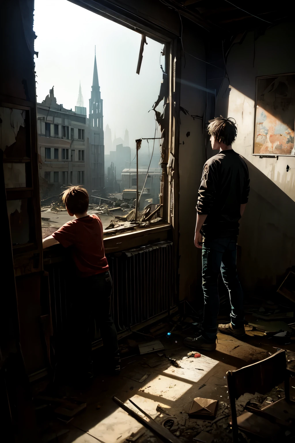 two boys , ruin seekers, exploring abandoned buildings, detailed interior with debris and broken windows, dark and gritty atmosphere, cinematic lighting, moody colors, ray of light, dust motes, dramatic shadows, realistic textures, worn surfaces, crumbling architecture, sense of isolation and decay, high quality, photorealistic, cinematic style