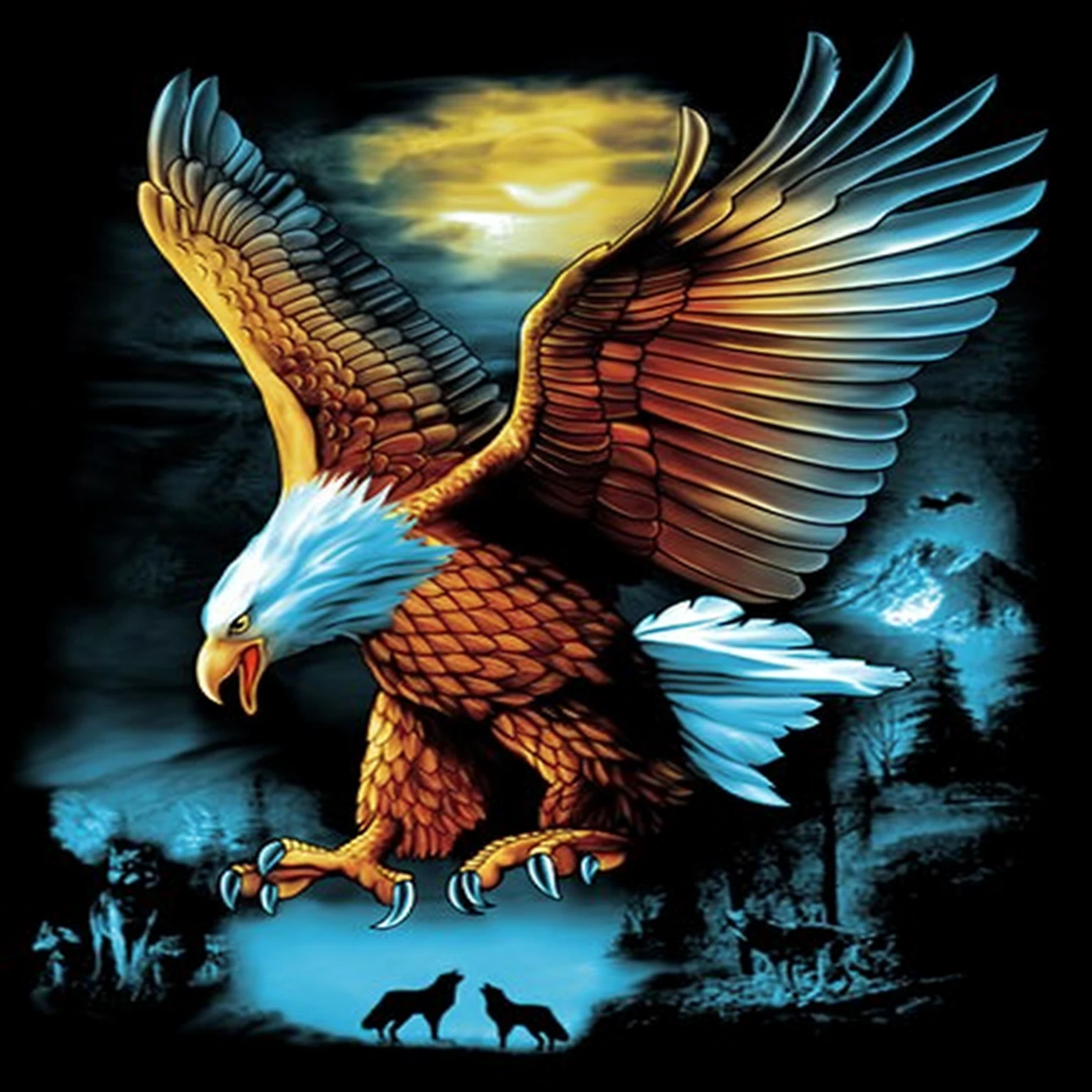 a painting of an eagle flying over a forest with a wolf, an eagle, eagle wings, eagle, a full-color airbrushed, an eagle flying, with an eagle emblem, by Joe Jusko, inspired by Joe Jusko, eagles, inspired by Alex Horley, eagle logo, by Ron Walotsky, by Alex Horley-Orlandelli