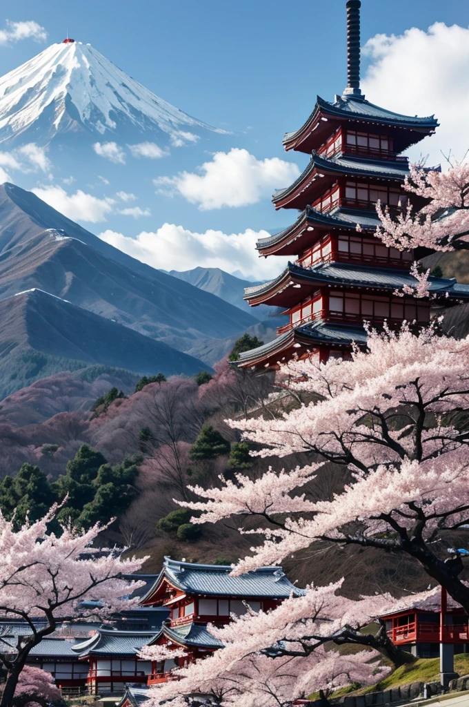 Japanese weather at the foot of the mountain with cherry blossoms