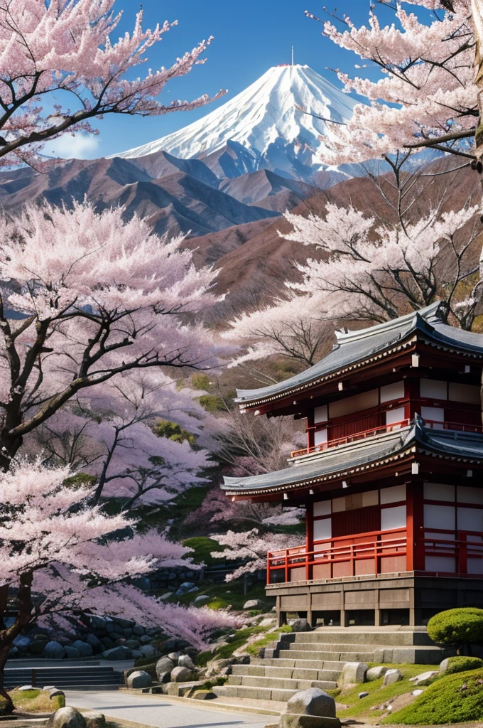 Japanese weather at the foot of the mountain with cherry blossoms