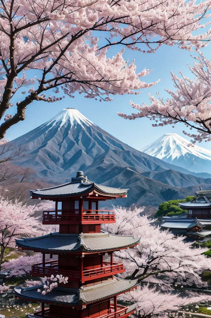 Japanese weather at the foot of the mountain with cherry blossoms