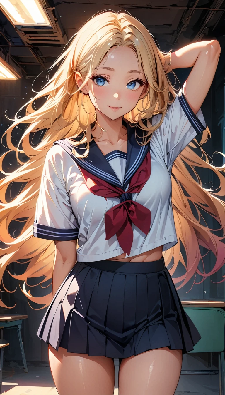 concept:Beautiful woman portrait。 quality:(highest quality, 4K, High resolution, masterpiece:1.2), Super detailed, (anime style, photorealistic:1.37), lighting effects:strong contrast, Bright colors and mesmerizing effects, Soft and delicate lighting, gentle shine, Subject information:alone, ((woman)), (round eyes), (small face), (high detail skin:1.2), long eyelashes, glossy lips, (bionde, long straight hair, blue eyes), (slim body shape), Highly detailed face and skin texture, (Joyful), (sailor suit), droopy eyes, Staring eyes, seductive thighs, diagonally, looking at the camera, Arms behind the head, Other details:cowboy shot, school classroom:1.5, beautiful skin, shiny skin, perfect fingers, five fingers, anatomically correct, background bokeh, 50㎜, f/1.2, photo shoot,