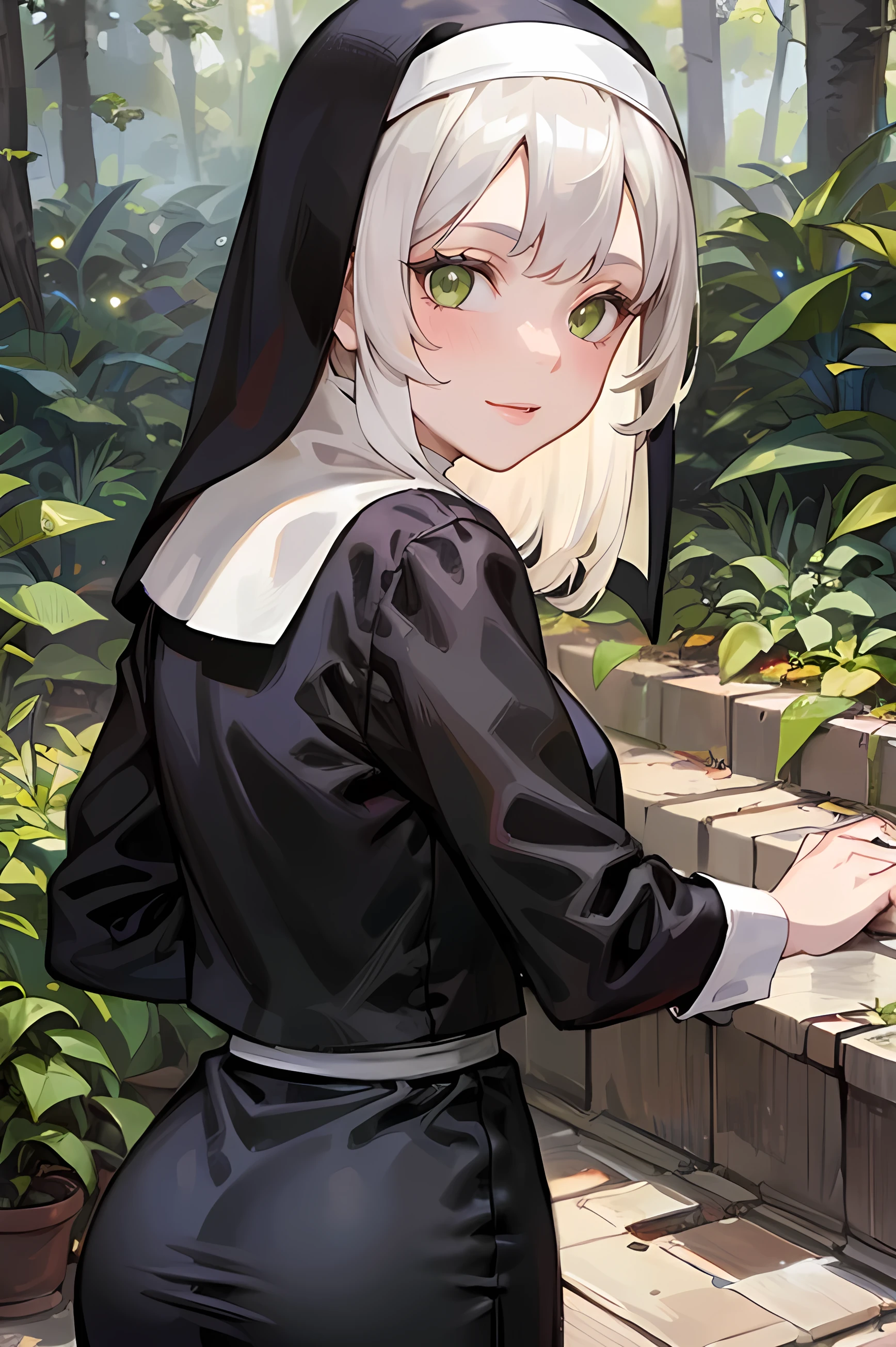 masterpiece, best quality, highly detailed background, perfect lighting, best quality, (extremely detailed face), volumetric lighting, intricate details, shadow, tonemapping, sharp focus, hyper detailed, trending on Artstation, (solo), ((Looking at the viewer)), (White hair), ((thin)), ((green eyes)), ((nun)), ((dressed as a nun)), ((nun's long skirt)), ((delicate)), ((thin and fine figure)), ((elegant)), ((smile)), (blush) ((in the forest)) ((Backwards))