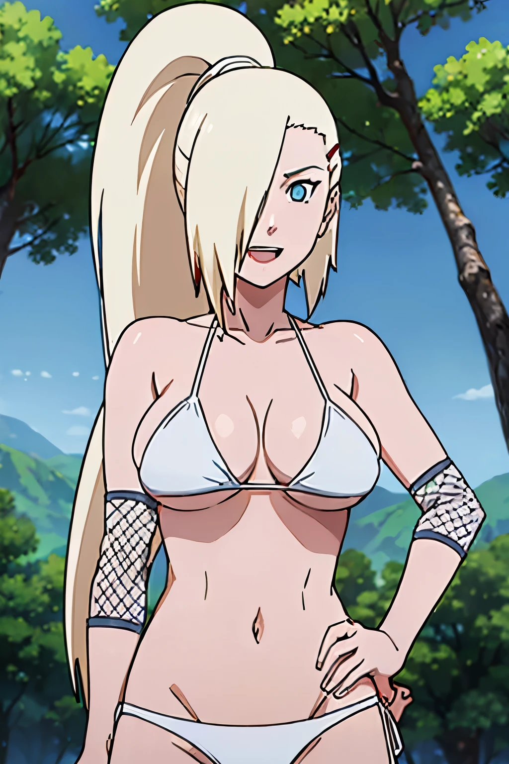 (White bikini:1.5), Ino yamanaka, looking at the viewer, gorgeous, attractive, groin, cowboy shot, ultra detailed face, sunny day, day time, upper body view, anime style, solo, detailed flower field, blonde, (focus on breasts), ((one eye covered with hair, hair over eye, ponytail)), (medium breasts), belly button, looking at the viewer, thick arms, (off-shoulders, wide shoulders, curving body), hidden eye, smile, open mouth, very happy, tall, hair clip, sharp look, sharp face, sharp eye, cold colors,
