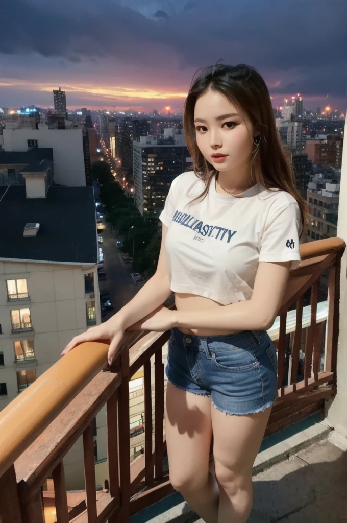 ((Midnight, highest quality, 8k, masterpiece :1.3)), whole body, Long legs, Sharp focus :1.2, Beautiful woman with perfect figure :1.4, Slim Abs :1.1, ((Dark brown hair, small Breasts :1.2)), (White tight T-shirt, shorts Jeans, Are standing:1.2), ((Night city view, rooftop:1.3)), Highly detailed face and skin texture, Fine grain, Double eyelids one girl,highest quality,masterpiece,figure,Very delicate and beautiful,CG,Unity,8k wallpaper,wonderful,In detail,masterpiece,Official Art,Very detailed CG Unity 8k wallpaper,Incredibly absurd,Large file size,Very detailedな,High resolution,Very detailed,Beautiful detailed girl,Realistic,from the front,Outdoor, Knee-high socks, bangs, Black boots