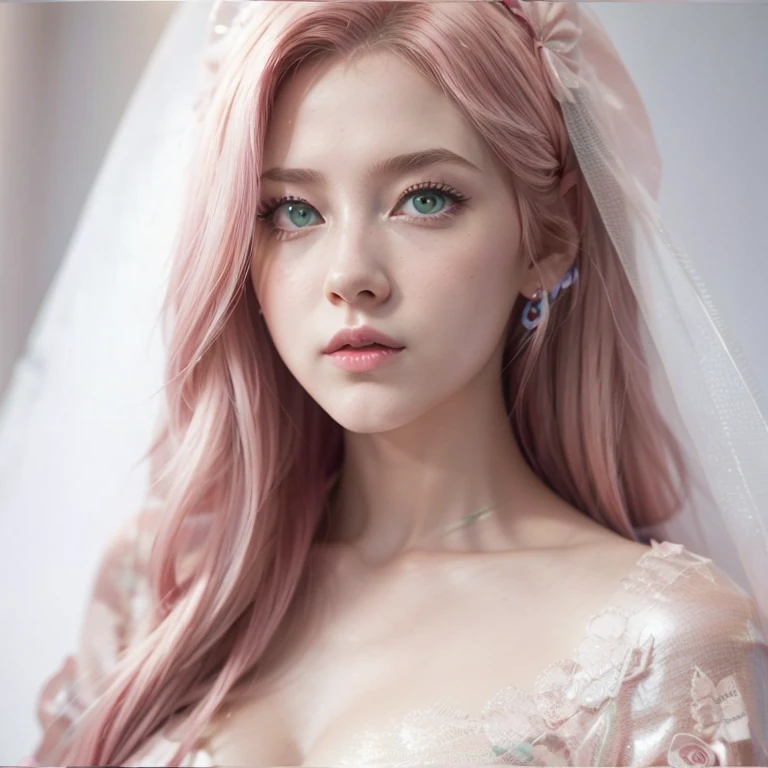 young woman, long pink hair, wide forehead, porcelain skin, pink eyebrows, big emerald green eyes, buttoned nose, thick lips, heart-shaped face, slender body, small breasts, pink leather dress, Sakura Haruno, realistic, realism black details 3d