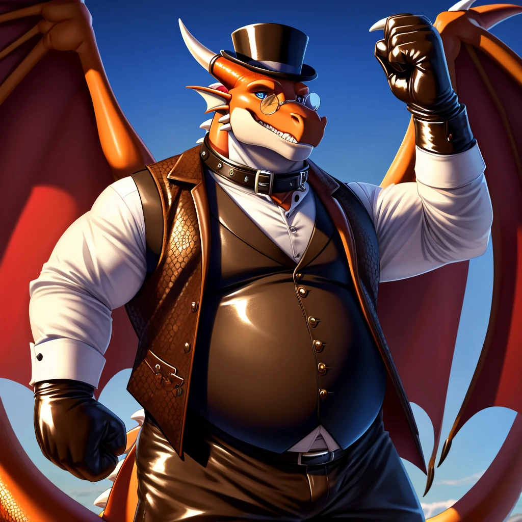 Solo, Male, fat, extremely obese, gentleman, dapper Professor Dragon, blue eyes, (posing:1.3), (soft shading), 4k, hi res, ((detailed face, detailed)), looking at viewer, mouth wide open, steampunk, collared shirt with buttons, top hat, male focus, Explorer Outfit, glasses, monocle, vest with buttons, sleeves rolled up, round eyewear, brown headwear, brown vest, Dragon is wearing a glossy leather dog collar around the neck, Dragon is wearing the leather collar and shirt and vest at the same time, Dragon is wearing glossy white rubber gloves on the hands, wearing white rubber gloves on the feet, gloves are rubber in texture, clenching teeth, clenching fists, leather collar is glossy and shiny with a lot of detail, Dragon is wearing gloves and leather collar at the same time, leather collar has a round dog-tag, leather collar is thick and detailed, leather collar is glossy and shiny, fancy clothing, dapper vest, dapper shirt, leather collar is thick.