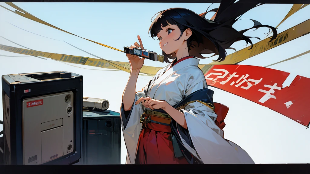 Very beautiful 18 year old Japanese woman, holding old cassette tape, cassette tape facing front, woman looks very happy.