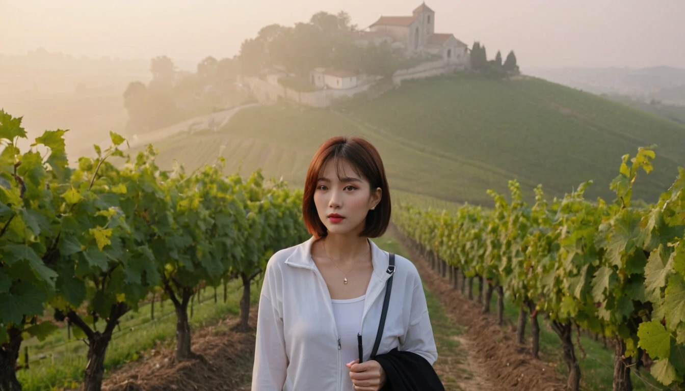 beautiful scenery, 8K Top Quality, Vivid picture quality, 1 woman, Beautiful 46-year-old Korean woman, slight wrinkles around the eyes, Chest size 34 inches, Model-level beautiful woman, italian countryside dawn, vineyard, The cathedral can be seen in the distance in a thick fog.. Red sunshine, The background is realistic and vivid quality.., short medium bob hair, White t-shirt that goes up to the neck, High-end luxury brand black windbreaker jacket, luxury bag, Except red, Perfect and realistic photos, The background is realistic.. Full body shot with Canon camera 16-35 wide angle lens, expressionless, Climbing a hill covered in thick fog, walking towards the front camera