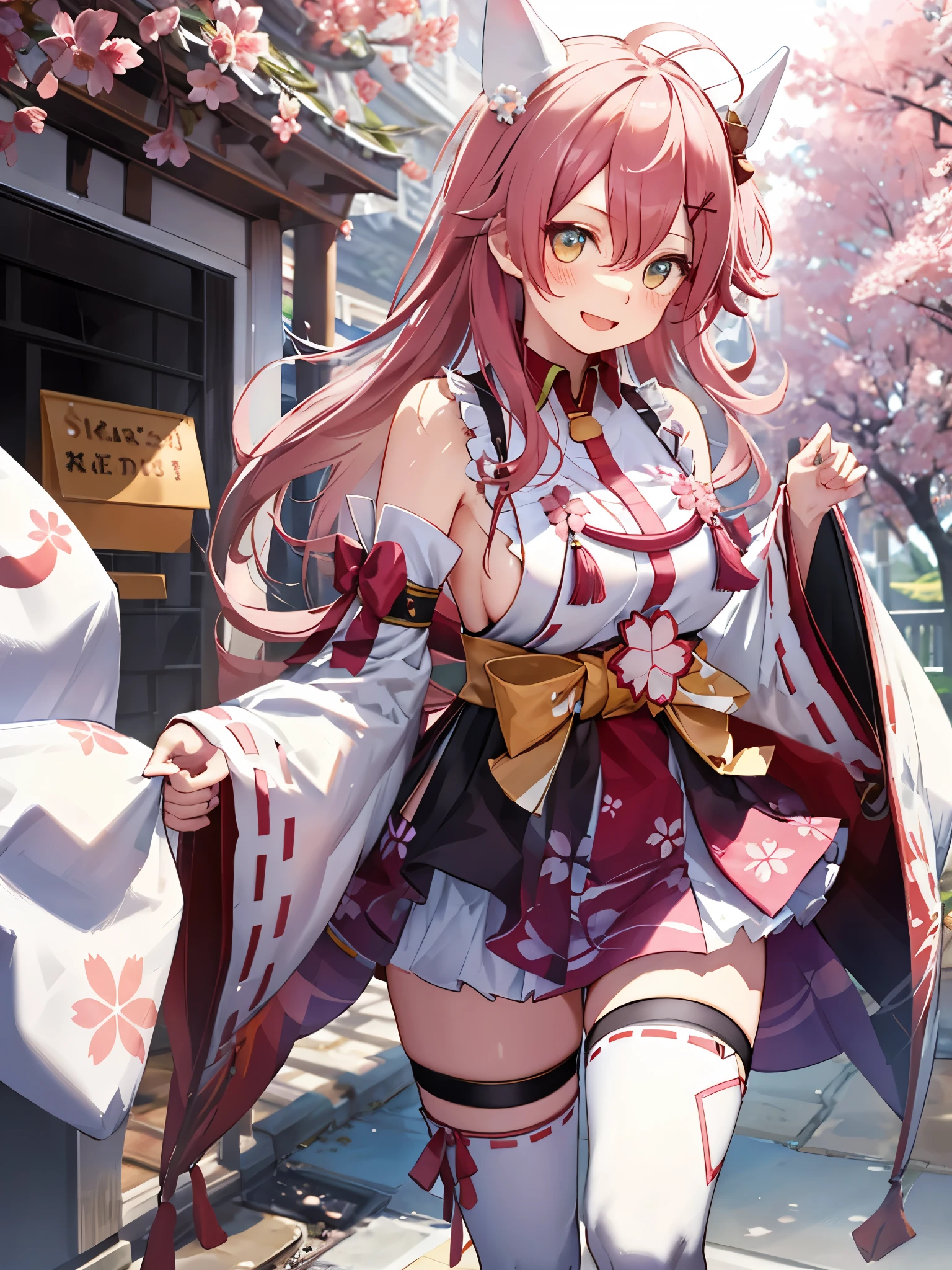 masterpiece, best quality, highres, miko1, sakura_miko, 1girl, big_boobs, solo, ahoge, x_hair_ornament, pink_hair, floral print, hairclip,(side_less_clothes:1.5), (side_boobs:1.5), hair_bell, floral print, long_hair, hair between eyes, one side up, white thighhighs, asymmetrical legwear, wide sleeves, open_mouth,(happy:1.3),gleen_eyes,big_smile,(rise_leg:1.3),plump,apart_legs,(overly_long_sleeves:1.3),),sleeves_past_wrists,hands_hidden_sleeves,sidelock_clothes,dynamic_posing,solo,hidden_wrists,(XD:1.4),covered_nipples,sunlight,cherryblossom_background,