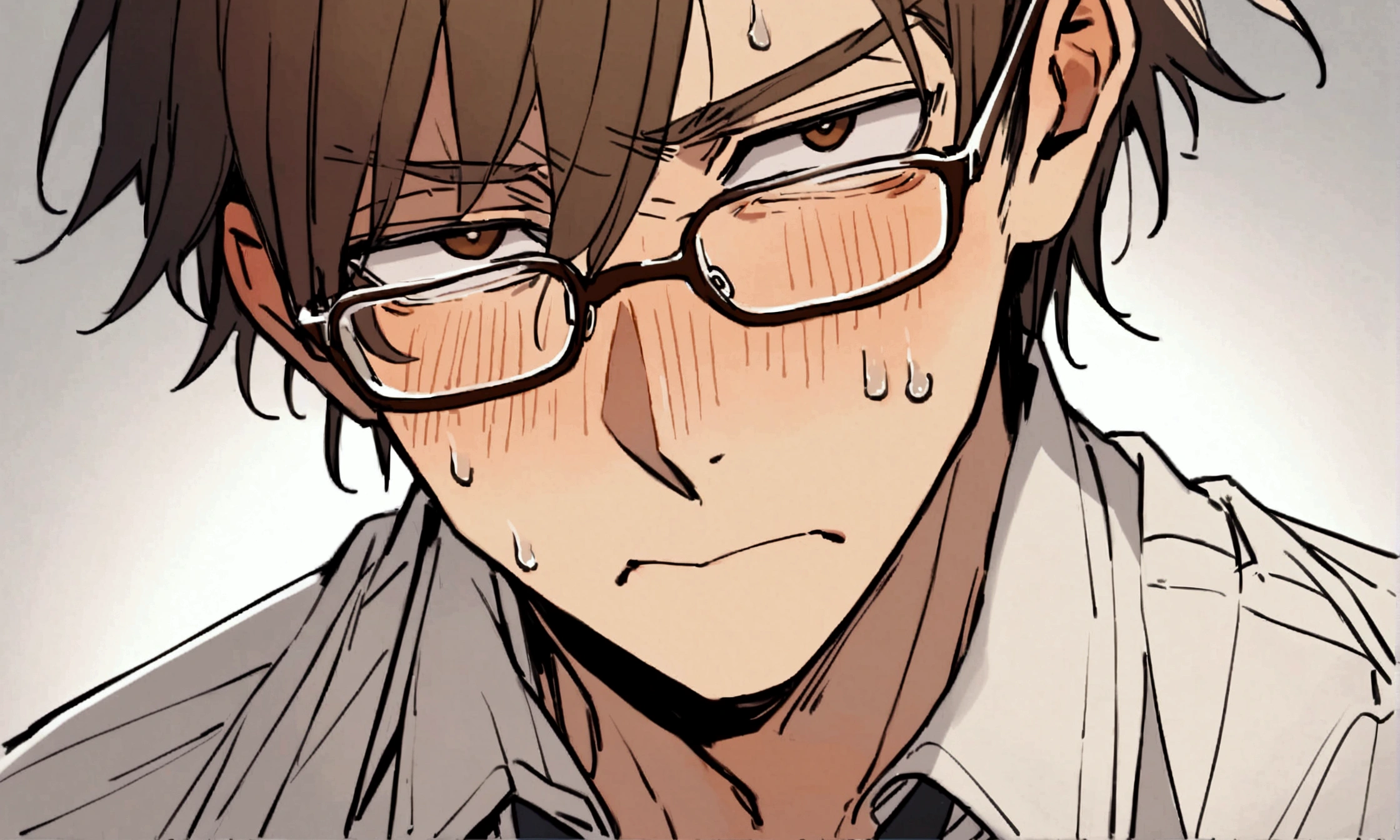 30-year-old male, Brown short hair, Stern expression, Brown eyes, Wearing a white shirt、Wearing a tie and glasses.Sweating