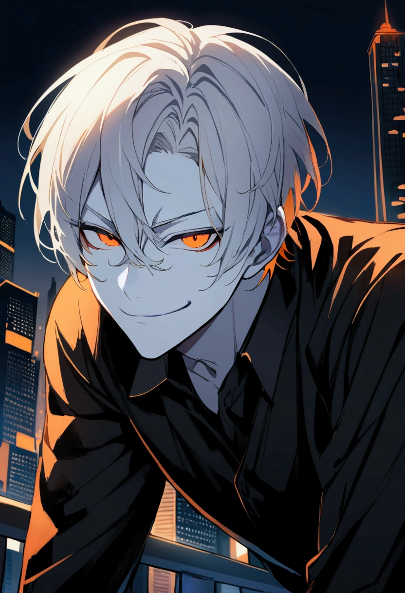 1man with white hair, white skin and black and orange eyes.in black shirt. Upper body fours, smirks. Short hair. Night city on background