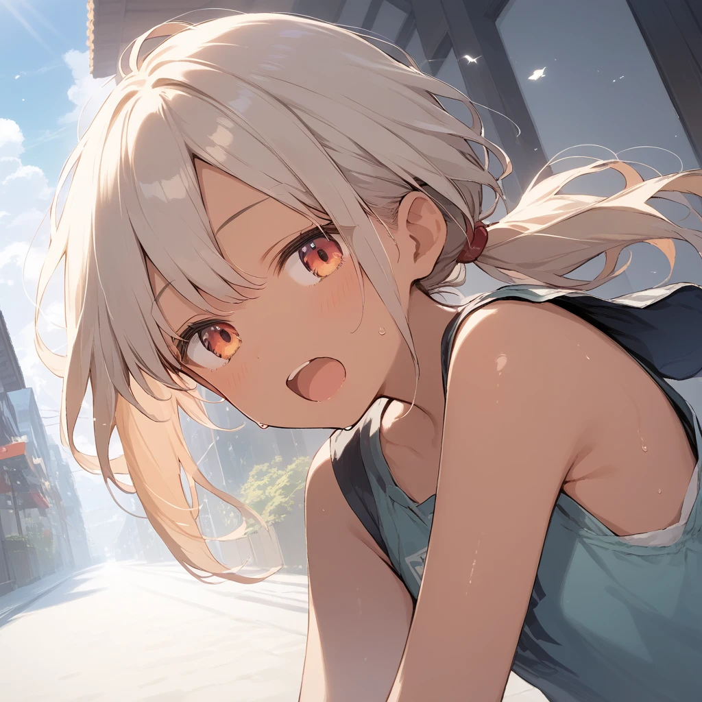 score_9, score_8_up, score_7_up, source_anime, best quality, masterpiece, official art, absurdres, highres, ultra-detailed,waifu2x,Collection: Slice of Life,break,1girl, tomboy, dark-skinned female, short hair, low ponytail, flat chest, beautiful detailed eyes, short shorts, sweat, open mouth, (yawn:0.3), sleepily, outdoors, wind,break,(clear line illustration:1.2), super detailed skin,very high resolution, very aesthetic, Best sexual lighting powered by famous artist, 8k,cute picture,beauty illustration,photoshop_(medium),,(Detailed Lighting),best anime 8k konachan wallpaper, pixiv contest winner,