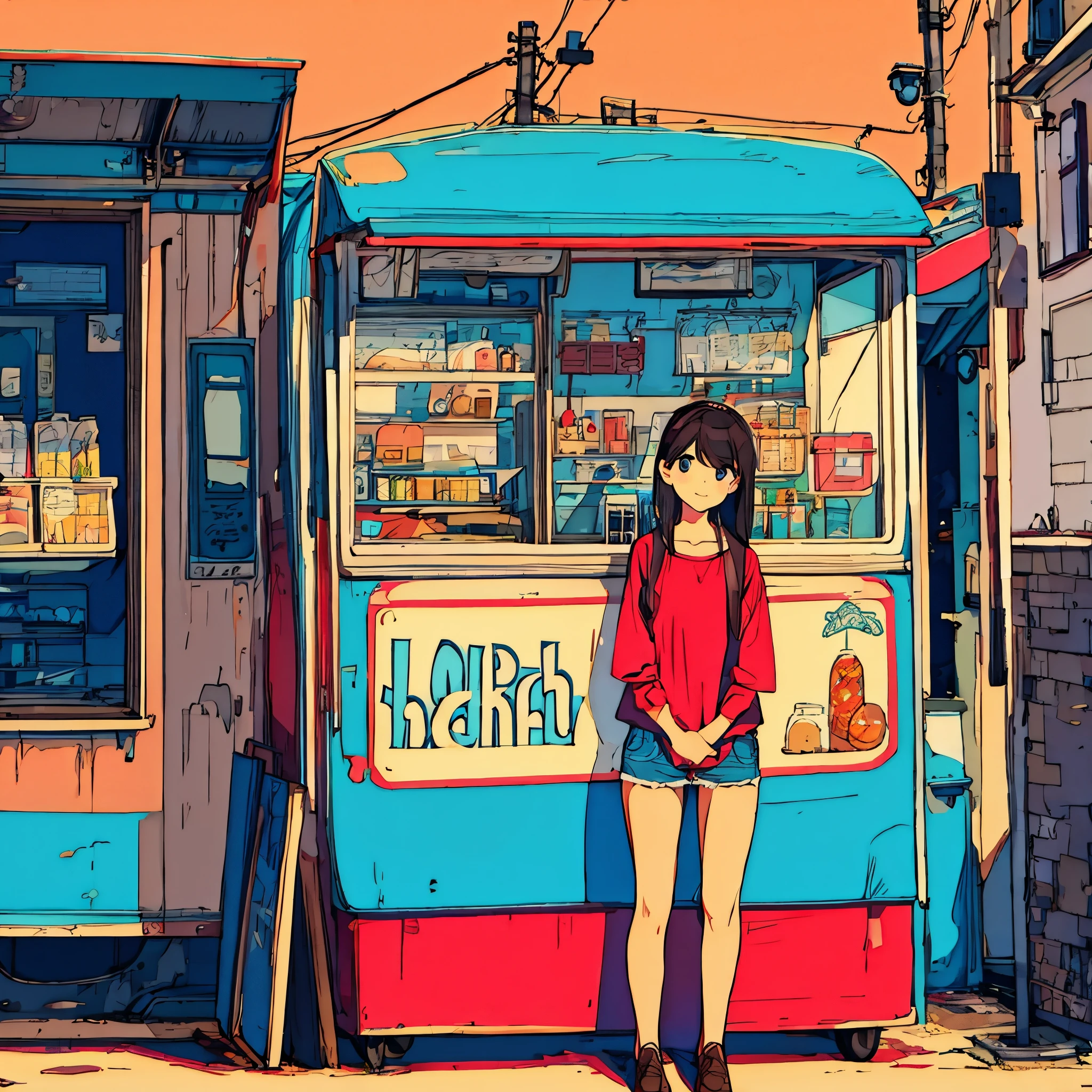 Plain background, girl in , simple, summer, nostalgic, food truck