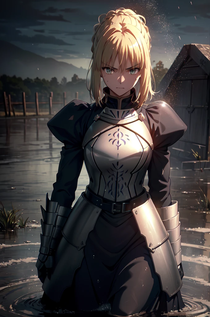 (masterpiece, High resolution, detailed:1.3), Artoria Pendragon from Fate/stay night anime, (He has the sword Excalibur:1.2), (Rain-soaked armor:1.2), (The intense look of dusk:1.2), Dynamic Angle, (Dramatic lighting:1.2), (Heavy raindrops falling:1.1), (Muddy battlefield background:1.1), (Remains of fallen soldiers:1.1), (Dark clouds loom overhead:1.2), (Tired but determined expression:1.2), (In the background is a tattered military flag.:1.1), (Ripples in a puddle reflect the scenery:1.1), (Canon EOS-1D X Mark III camera for outstanding detail:1.2), (Combined with Canon EF24-70mm f/2.8L II USM Lens:1.2), (Capturing the emotion and intensity of the moment:1.1), (Emphasize the rainy atmosphere:1.1), (Draw the viewer into a somber, dramatic scene:1.1)., (Beautiful attention to detail:1.6), 非常にdetailedな顔, Perfect lighting, 非常にdetailedなCG, (3D Face:1.1), (Shiny skin:1.5), (超High resolution intricate face details), (Facial skin pores:1.3), 超High resolution cloth texture