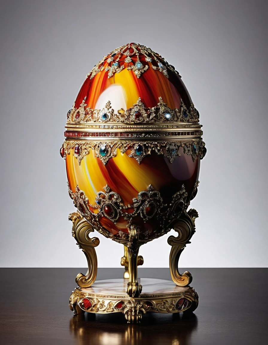 Full shot of an eliptical object (Faberge Egg, mix of Memory of Azov and Rosebud) with a highly detailed and intricate surface. The object is made of materials that resemble jewelry, marble or a similar type of stone and gemstone, with a variety of vibrant colors and patterns that include shades of yellow, orange, and red, decorated in gold. The patterns are reminiscent of natural gemstones and marble, with swirling and striated patterns that give the object a luxurious and opulent look.The object is placed on a pedestal that has a decorative base, a rare piece of art. The pedestal made in ebony wood has a rich, dark color pattern. Soft and diffused lighting, highlighting the textures and colors of the object without creating harsh shadows. Luxurious living rooms in the background, sharp focus.Overall, the image presents a beautifully crafted piece that combines the natural beauty of jewelry and marble with the elegance of a luxury decorative object. Hyper-maximalist, raw photography, ultra-detailed photorealistic textures, artistic bokeh, featured on pixiv, cinematic composition, dynamic pose, beautiful lighting, sharp, details, hyper-detailed, Sony/Zeiss 90mm,f2.8,shutter speed of 1/500s,WLOP,HDR,8k,vray