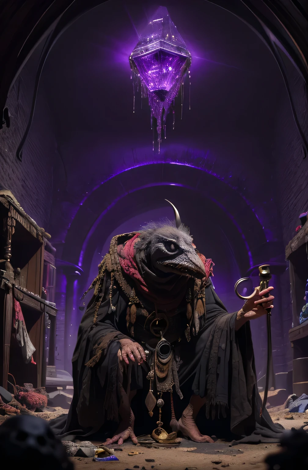 Skecil, Dark Skeksis Lord、A hunched old man in a dark tattered robe, Caving, Attenuation, A large purple crystal in a fantasy room, ((Wearing a monocle)), 