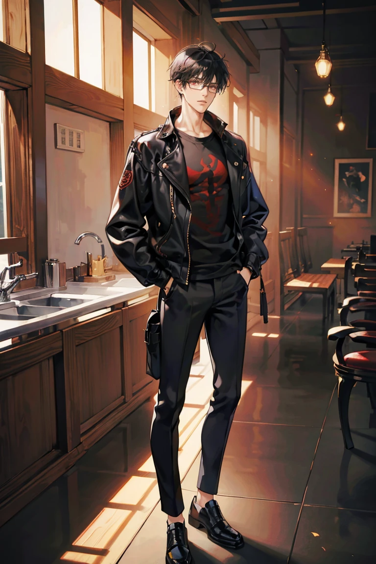 anime - (masterpiece), best quality, seductive eyes, perfect face, handsome man, red eyes, short messy black hair, long nose, tan brown skin, plain black t-shirt, black leather jacket, black pants, silver watch, black glasses, extremely tall man, long legs, long calves, full body, tall man, long legs, anime cover, 1boy, ear piercings, hands in pockets, adult-like look, bad boy
