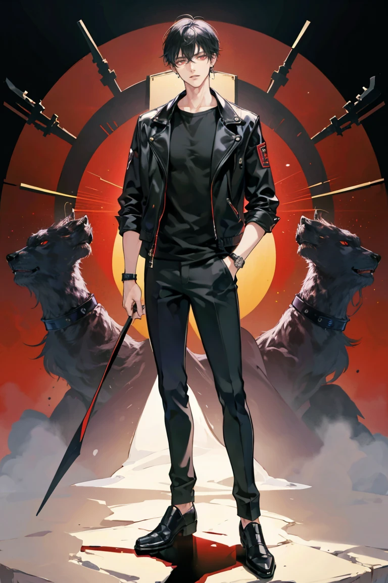 anime - (masterpiece), best quality, seductive eyes, perfect face, handsome man, red eyes, short messy black hair, long nose, tan brown skin, plain black t-shirt, black leather jacket, black pants, silver watch, black glasses, extremely tall man, long legs, long calves, full body, tall man, long legs, anime cover, 1boy, ear piercings, hands in pockets, adult-like look, bad boy