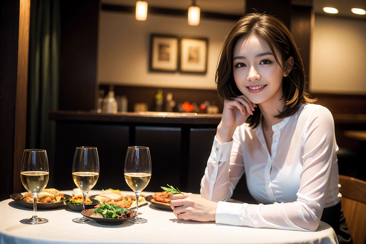 ((Highest quality、8K、masterpiece:1.3))、Shortcuts、cute、slimカップル、modelカップル、actress男優、(Realistic, Intricate details:1.2), full-course dinner、Wine Party、Amazing view of the sunset sky and clouds、A bright smile、short hair,Bright Face、45 years old), 42 years old, red wine 、Appetizers、Italian food、Wine bottle、Champagne、sparkling wine、Two beauties、Brown Hair、Shortcuts、Long sleeve shirt、dress、Beautiful woman 1, (slimな顔), (The body is slim), (Brown Hair), (Shortcuts), cheeks turn a little red,Attractive beauty、restaurant, In a prominent place (From the waist up) Nova Frog Style, actress, model, Upper Body, White wine, slim, wine glass, 中央に置かれたwine glass, smile, (smile: 1.15), Beautiful fine grain, Depth f/2,saturation, High Contrast, Strong light and shadow,Moist Body:1.5、3D texture、Delicate eyes、Brown Hair、The hair is very shiny、