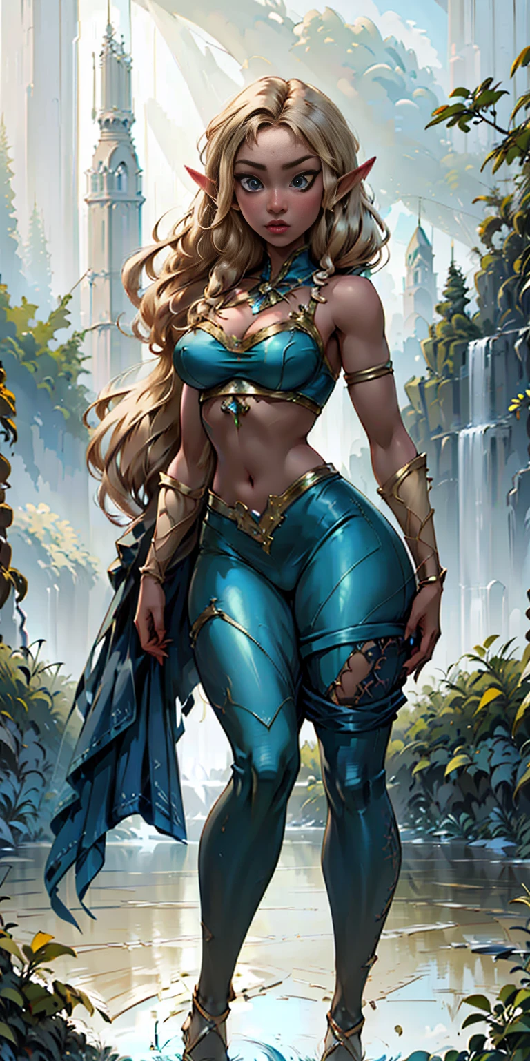 Extremely detailed Artgerm style: This sets the overall artistic style with a high level of detail. Fantasy art: This specifies the genre. Goddess of the green forest: This defines the character's role and gives context to the setting. Woman with long, elf ears: This incorporates the elf features. Black skin: This specifies the character's race. Ornate bikini armor: This combines the skimpy clothing with a fantastical, protective element. Blue high heels standing straight symmetrical: This suggests the color of the bikini and potentially the water body. Long, messy blonde hair: This adds a detail that contrasts the Artgerm style, which is typically more polished for hair.