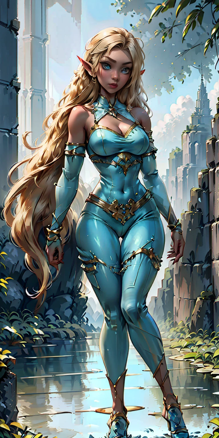 Extremely detailed Artgerm style: This sets the overall artistic style with a high level of detail. Fantasy art: This specifies the genre. Goddess of the green forest: This defines the character's role and gives context to the setting. Woman with long, elf ears: This incorporates the elf features. Black skin: This specifies the character's race. Ornate bikini armor: This combines the skimpy clothing with a fantastical, protective element. Blue high heels standing straight symmetrical: This suggests the color of the bikini and potentially the water body. Long, messy blonde hair: This adds a detail that contrasts the Artgerm style, which is typically more polished for hair.