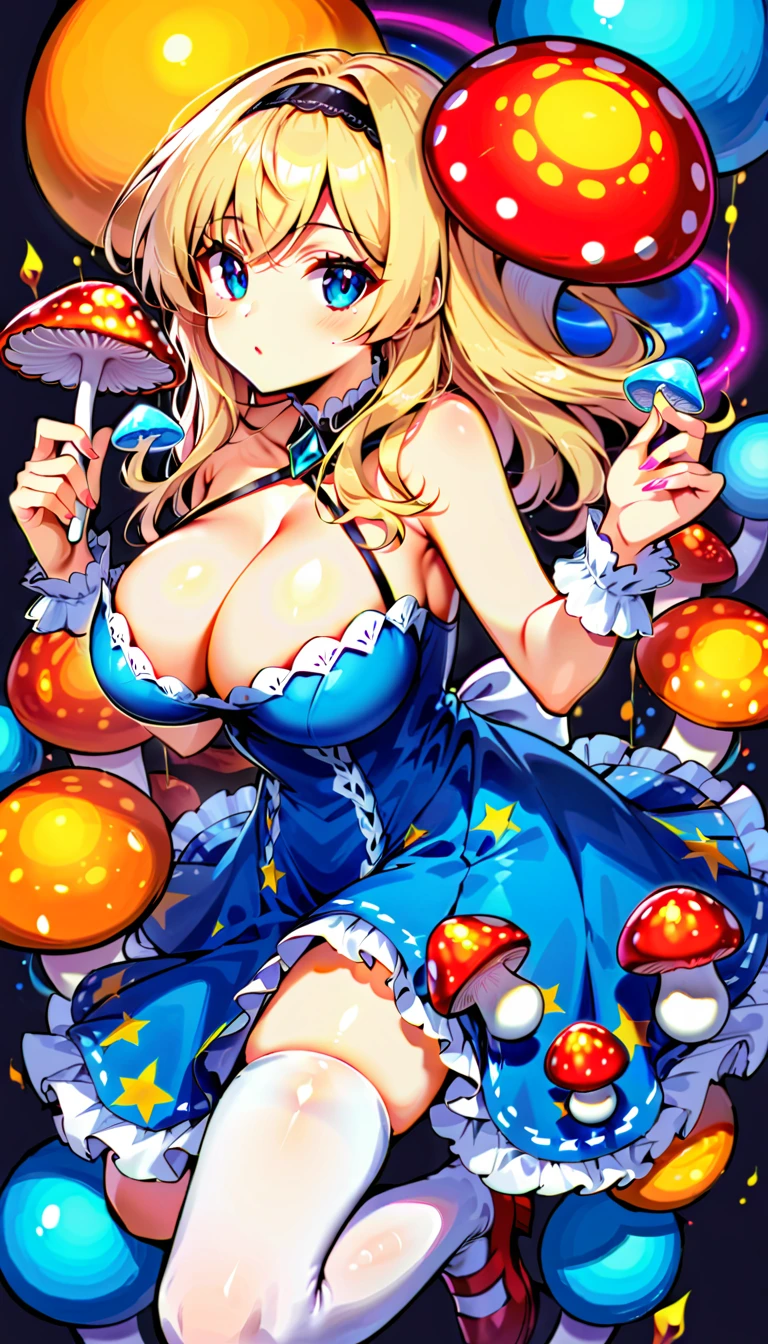 a beautiful 20 year old blonde woman with big messy hair in a blue dress, white stockings, black headband, cleavage, holding a glowing mushroom, fantasy art style, rossdraws cartoon vibrant, alice in wonderland cyberpunk, cute detailed digital art, colorfull digital fantasy art, digital fantasy art ), glossy digital painting, rossdraws pastel vibrant, rossdraws 2. 5, rossdraws 1. 0