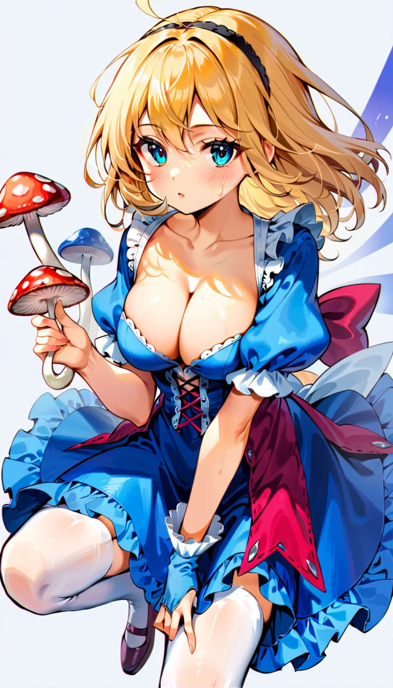 a beautiful 20 year old blonde woman with big messy hair in a blue dress, white stockings, black headband, cleavage, holding a glowing mushroom, fantasy art style, rossdraws cartoon vibrant, alice in wonderland cyberpunk, cute detailed digital art, colorfull digital fantasy art, digital fantasy art ), glossy digital painting, rossdraws pastel vibrant, rossdraws 2. 5, rossdraws 1. 0