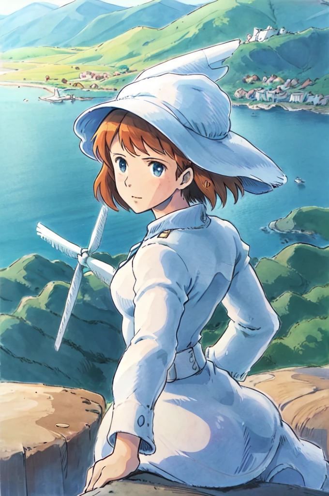 Nausicaa C,One girl, White Dress, A valley overlooking the sea, windmill, 