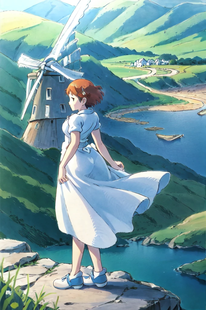 Nausicaa C,One girl, White Dress, A valley overlooking the sea, windmill, 