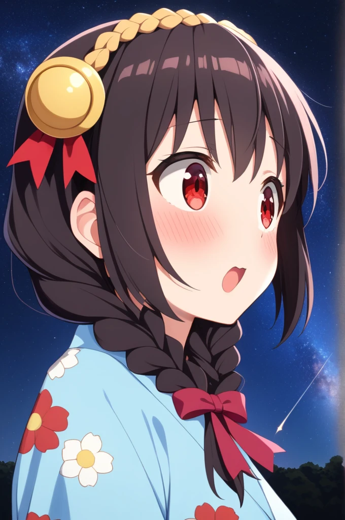 alone, One girl、Crown braids in the same color as your hair, hair ornaments, Hair Ribbon,(A light blue kimono with a red floral pattern and a red obi.)、Red Eyes、Black Hair、(blush:1.7)、(Surprised expression:1.4)、Larger breasts、Side view、The background is the Milky Way and meteor shower