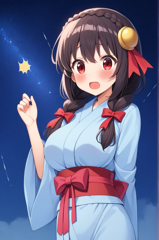 alone, One girl、Crown braids in the same color as your hair, hair ornaments, Hair Ribbon,(A light blue kimono with a red floral pattern and a red obi.)、Red Eyes、Black Hair、(blush:1.7)、(Surprised expression:1.4)、Larger breasts、Side view、The background is the Milky Way and meteor shower