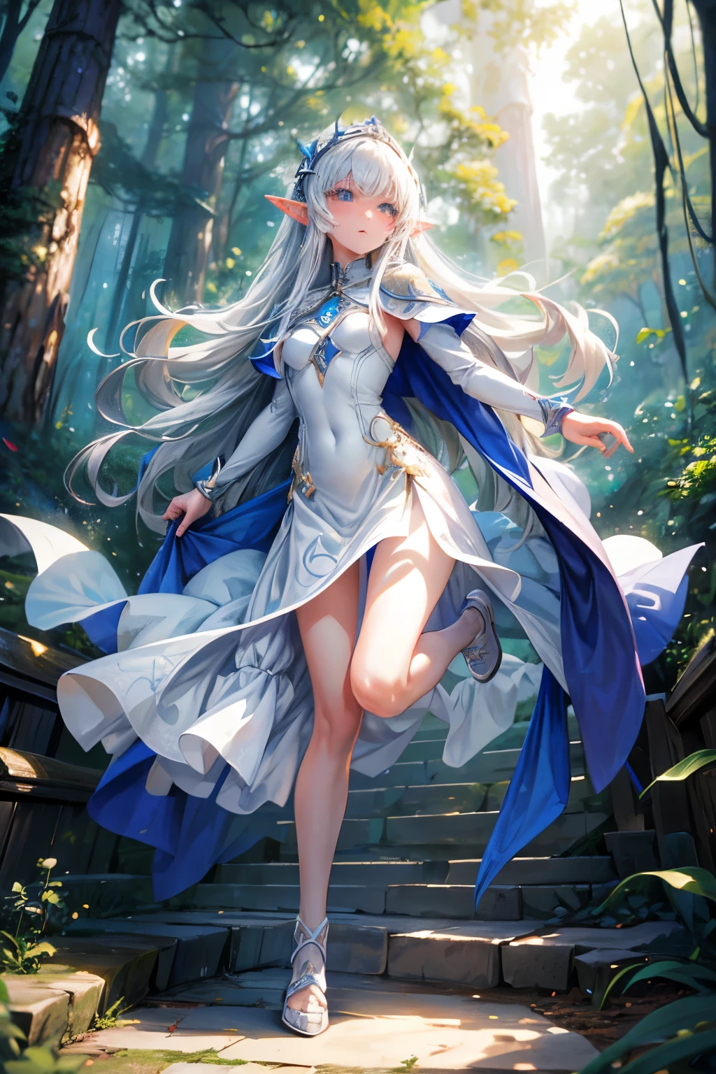 masterpiece,Highest quality,Very detailed,Running Elf Girl,Luxurious white dress,Blue Cape, ager,Long straight silver hair,Beautiful and detailed eyes,skinny,Small breasts, full body,Dynamic,Forest Treehouse