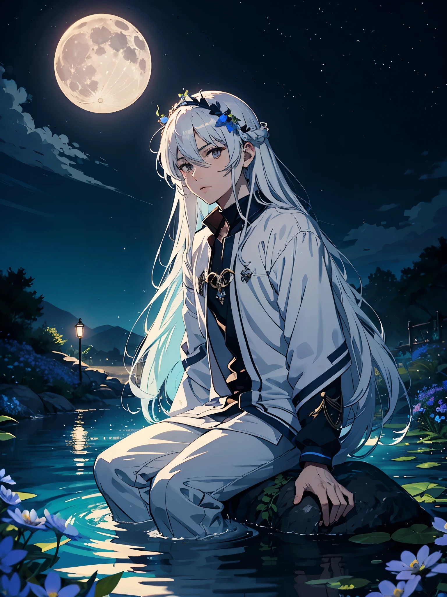 Lights. More anime. light blue light. Bright bright light. magical. Moon. Sitting on a big white wolf. Lightening flowers. More anime. male. Blue flowers. Long hair. long white hair. aquatic, boy, God of the Moon, silver hair accessories, White hair. 