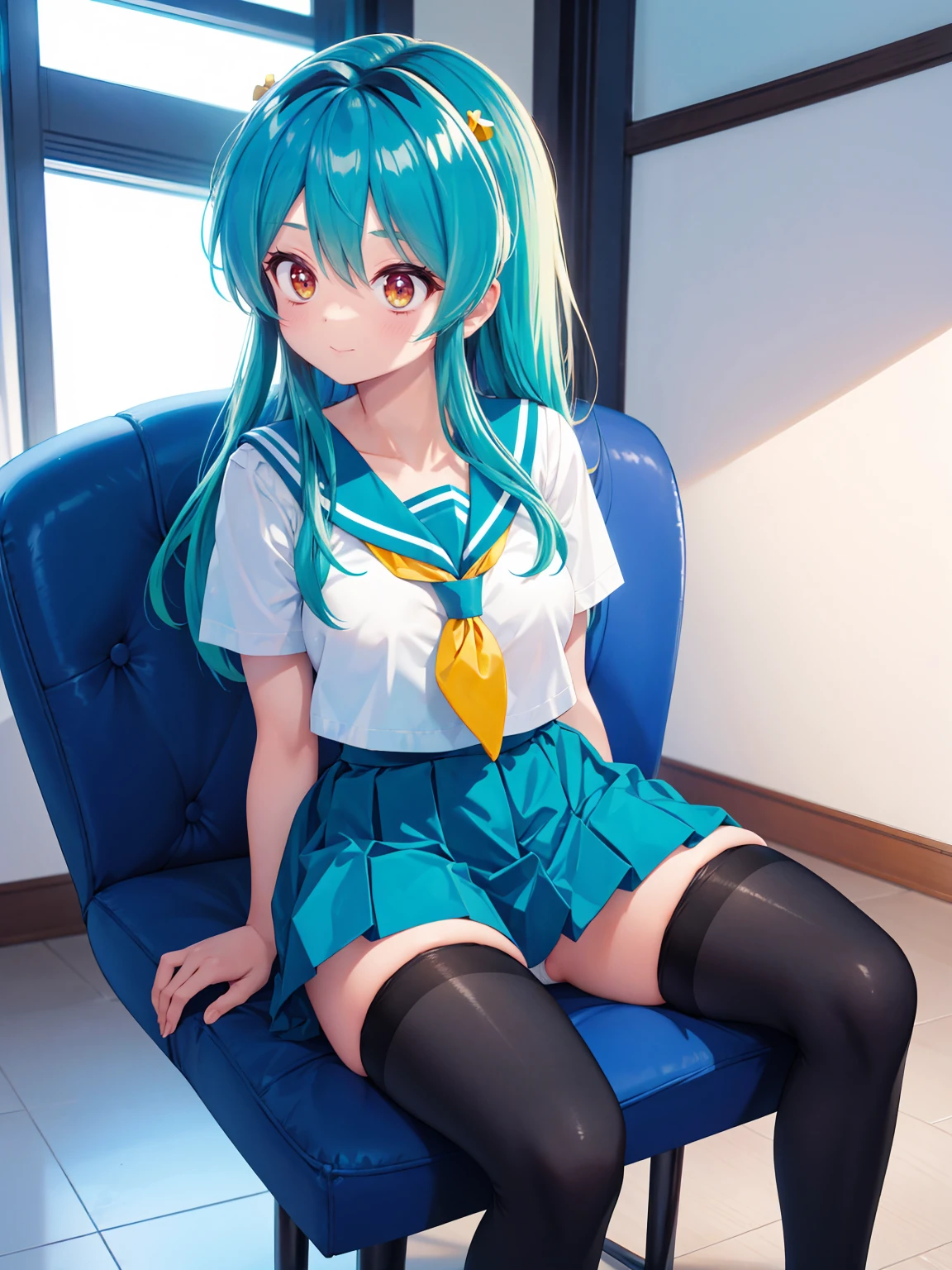 (1 Girl),(high quality), (High resolution), (Very detailed), (8K),(Demolition paperback correct)、Urusei Yatsura、Ram-chan、((White and navy blue sailor suit))、Navy blue pleated skirt、Cute Panties、((Focus on the whole body))、Nipple Shape、((Black knee-high stockings))、Hair messed up by the strong wind、Neutral White Lighting,Sexy pose、Sitting in a chair
