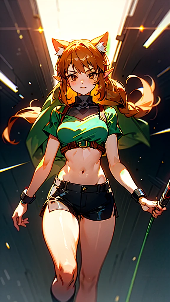 Defined female body, thick thighs, cybernetic body parts, black shorts, black training bra, cat ears, caramel brown eyes, long bronde hair, (link:1.5), legend of zelda, GS-Womanly