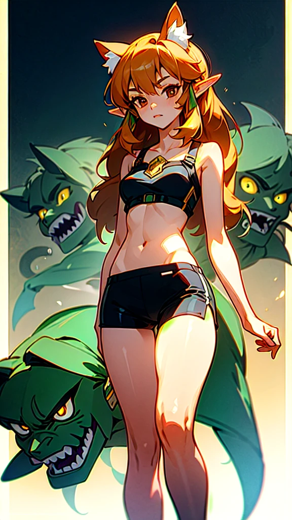 Defined female body, thick thighs, cybernetic body parts, black shorts, black training bra, cat ears, caramel brown eyes, long bronde hair, (link:1.5), legend of zelda, GS-Womanly