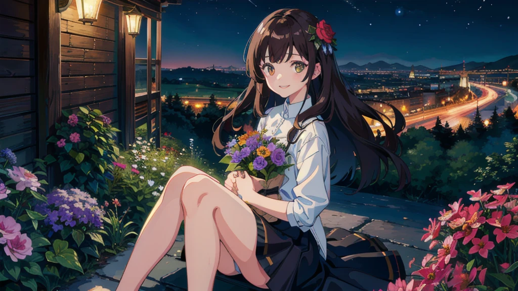 masterpiece,Highest quality,One Girl,The hair color is brown, Eye color: black, smile,countryside,Cityscape,night景,Flowers and plants,scenery,night,Light Perception,soft,