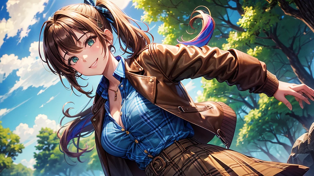 1girl, solo, village, trees, sun, clouds, ((colorful hair)), side ponytail, large breasts, ((brown leather jacket)), button down shirt, ((blue checked shirt)), ((unbuttoned shirt)), unbuttoning buttons, cleavage 1:3 green eyes, long skirt, brown boots, smile, happy, looking at the viewer, standing, hair ribbon, golden necklate
