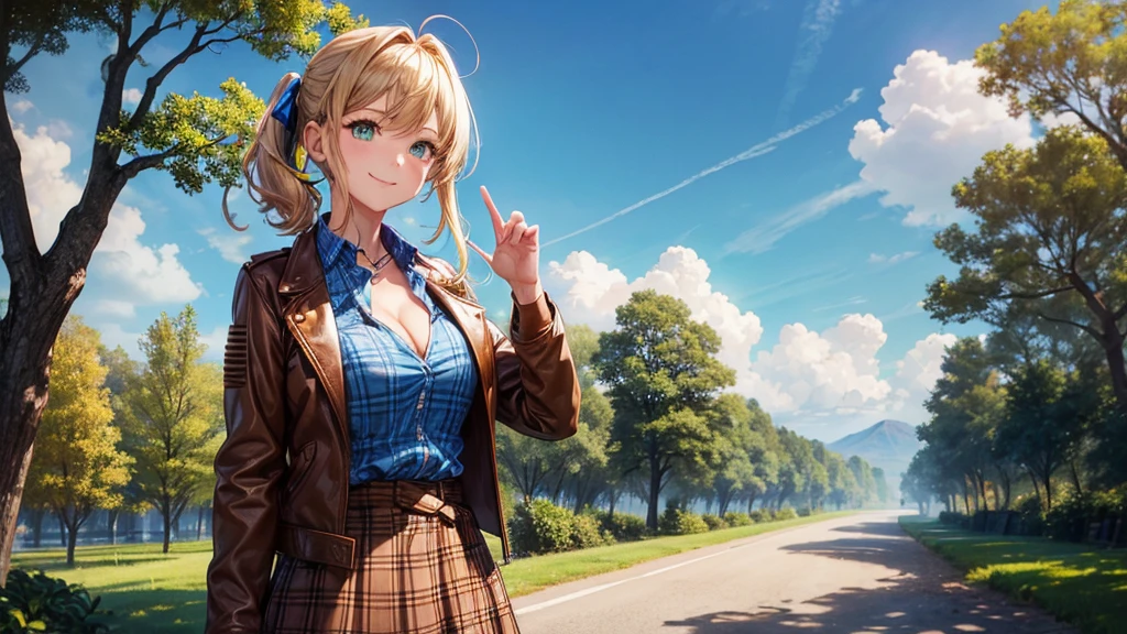 1girl, solo, village, trees, sun, clouds, ((colorful hair)), side ponytail, large breasts, ((brown leather jacket)), button down shirt, ((blue checked shirt)), ((unbuttoned shirt)), unbuttoning buttons, cleavage 1:3 green eyes, long skirt, brown boots, smile, happy, looking at the viewer, standing, hair ribbon, golden necklate