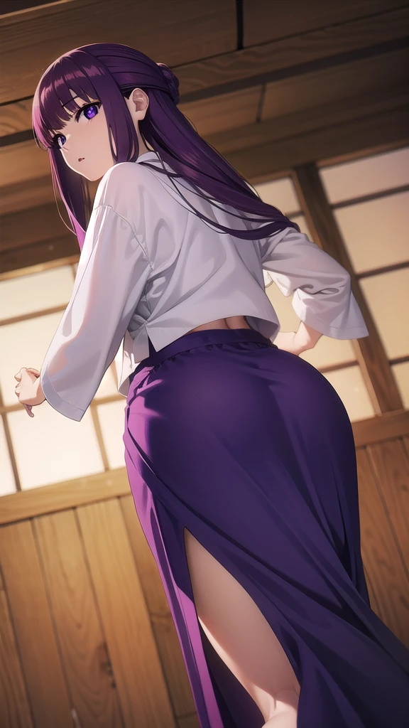 BREAK looking at viewer, BREAK (masterpiece:1.2), best quality, high resolution, unity 8k wallpaper, (illustration:0.8), (beautiful detailed eyes:1.6), extremely detailed face, perfect lighting, extremely detailed CG, (perfect hands, perfect anatomy)fern, long hair, bangs, (purple eyes:1.1), purple hair, sidelocks, blunt bangs, (bright pupils:1.5),onsen,hot springs, night, half updo,
long sleeves,Japanese clothes,yukata, sash, cleavege,neckline,stockings,from behind,upskirt,bend over,showing panties,camel toe,from below, ass in middle.