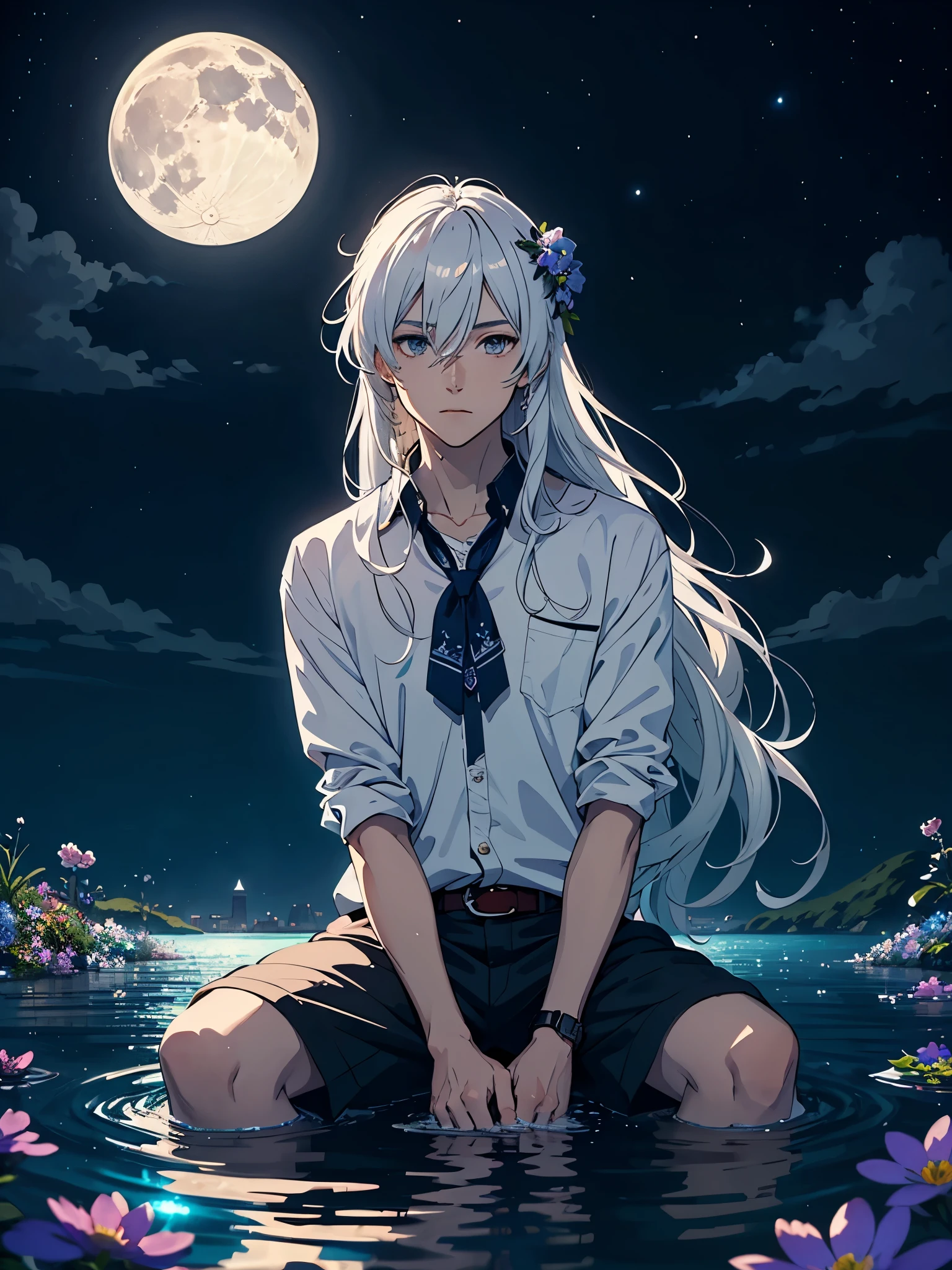 Nackt. Lights. More anime. light blue light. Bright bright light. magical. Moon. Sitting on a big white wolf. Lightening flowers. More anime. male. Blue flowers. Long hair. long white hair. aquatic, boy, God of the Moon, silver hair accessories, White hair.