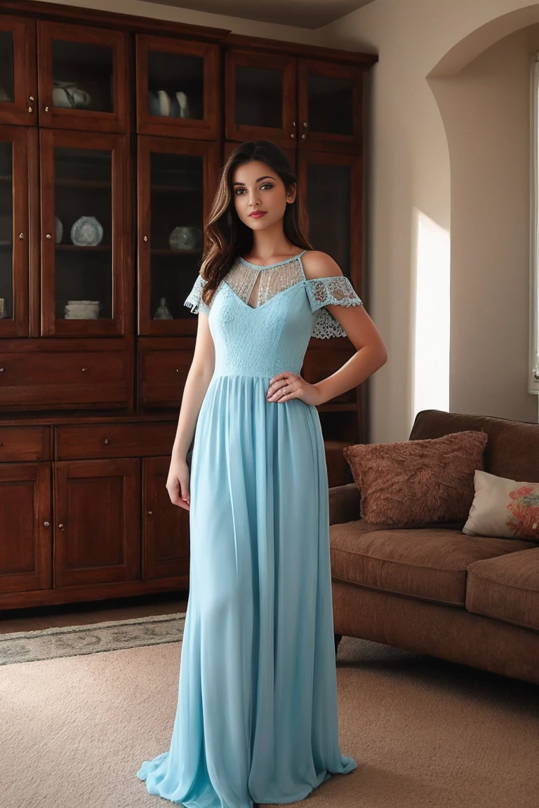4K photograph, amateur photo posted to facebook ,beautiful female ,dress ,living room
