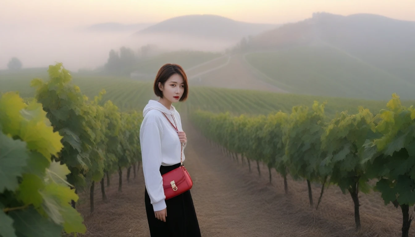 beautiful scenery, 8K Top Quality, Vivid picture quality, 1 woman, Beautiful 46-year-old Korean woman, slight wrinkles around the eyes,  size 34 inches, Model-level beautiful woman, italian countryside dawn, vineyard, The cathedral can be seen in the distance in a thick fog.. Red sunshine, The background is realistic and vivid quality.., short medium bob hair, White t-shirt that goes up to the neck, High-end luxury brand black windbreaker jacket, luxury bag, Except red, Perfect and realistic photos, The background is realistic.. Full body shot with Canon camera 16-35 wide angle lens, expressionless, Climbing a hill covered in thick fog, walking towards the front camera