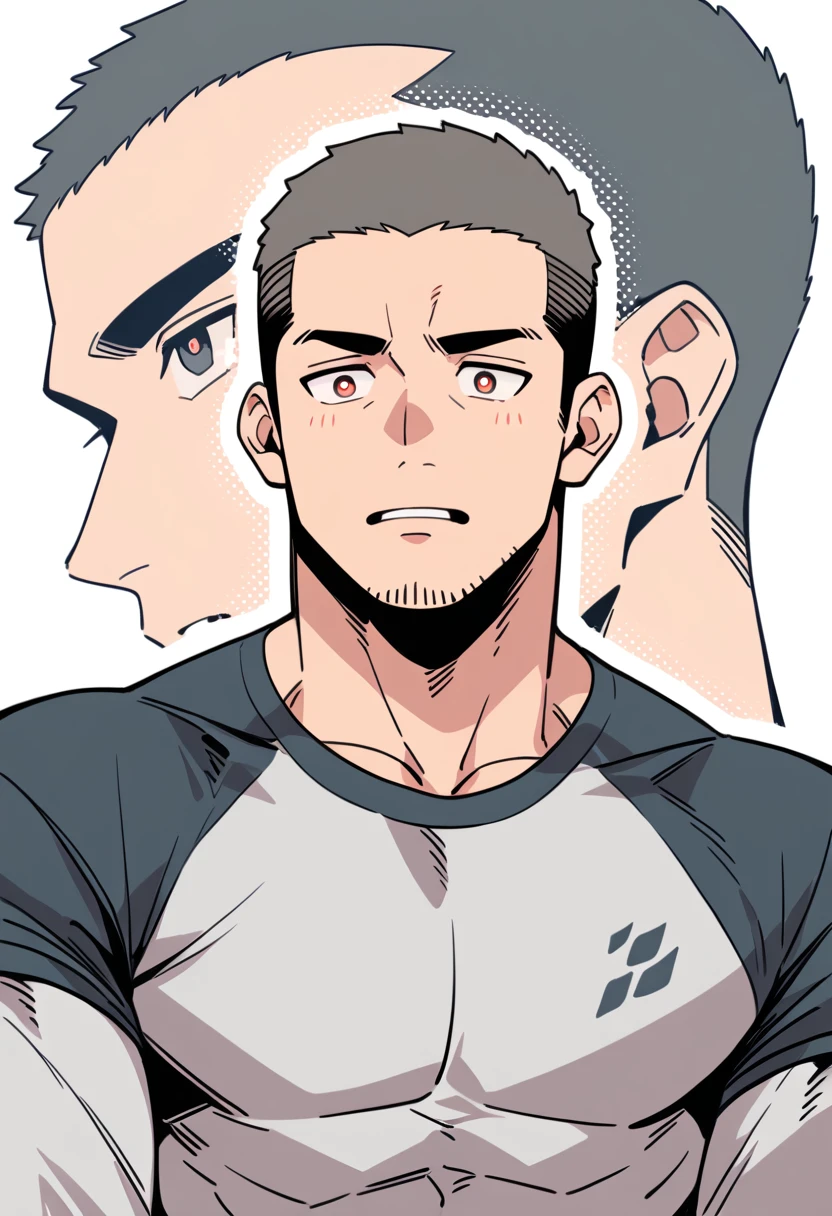 anime characters:Priapus, Muscle Sports Student, Buzz Cut, Manliness, male focus, Light Grey high collar long sleeve tight T-shirt, Very tight, full and perky chest muscles, muscular male, muscular, only, Upper body, alone, Black short hair, Thick eyebrows, stubble, Brown-red pupils, White background, simple background, amazing quality, best aesthetics, Ridiculous, crew cut, parted lips, flustered, endured face, projected inset, best quality